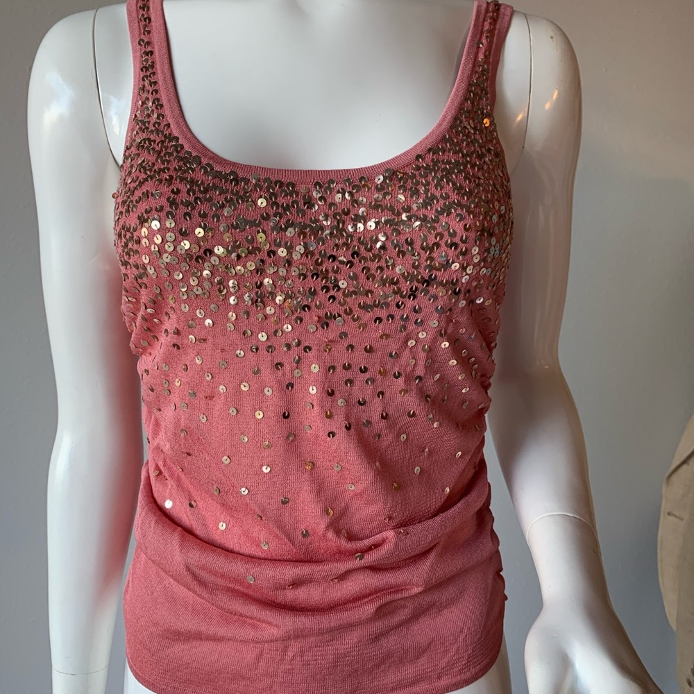 Bebe Pink Sequin Ruched Sweater Tank Top M Medium